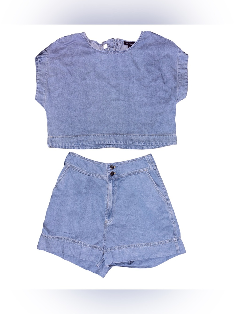 Blu Pepper Light Blue Denim Top & Shorts Set Summer Medium NWT - Picture 2 of 7
